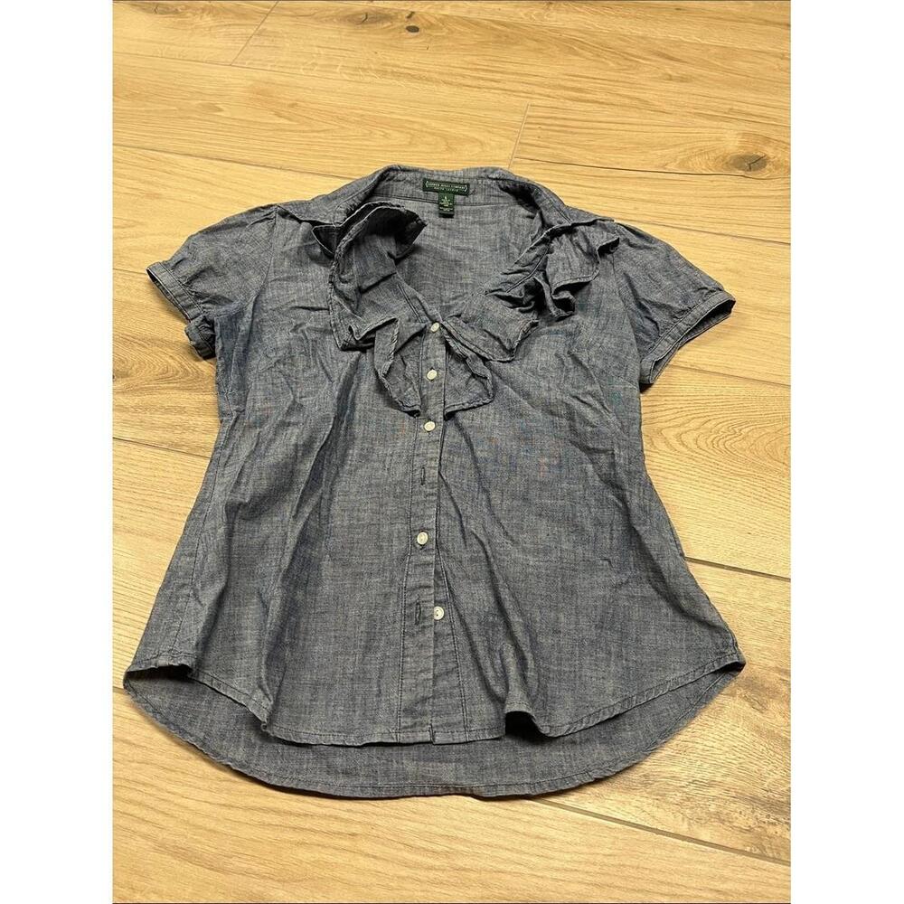 Lauren Ralph Lauren Blue Short-Sleeve Ruffle Chambray Blouse
